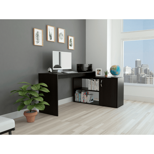 Axis Modern L-Shaped Computer Desk with Open & Closed Storages -Black