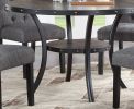 Modern Classic Dining Room Furniture Natural Wood Round Dining Table 4x Side Chairs Charcoal Fabric Tufted Roll Back Top Chair Nail heads Trim Storage