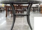 Modern Classic Dining Room Furniture Natural Wood Round Dining Table 4x Side Chairs Charcoal Fabric Tufted Roll Back Top Chair Nail heads Trim Storage