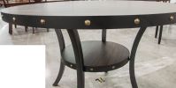 Modern Classic Dining Room Furniture Natural Wood Round Dining Table 4x Side Chairs Charcoal Fabric Tufted Roll Back Top Chair Nail heads Trim Storage