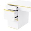60''Modern Executive Desk,White Curved Computer Desk with Gold Metal Legs,3-Drawers Home Office Desk,Writing Desk with 1 Storage Cabinet for Home Offi