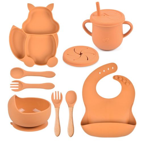 Silicone Squirrel Tableware Baby Silicone Food Supplement Set Baby Spork Integrated Silicone Plate Suit