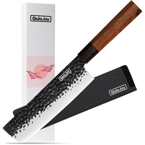 Qulajoy 7 Inch Santoku Knife - Professional Japanese Chef Knife - Razor Sharp 9cr18mov Blade - Hammered Kitchen Knife - Octagonal Rosewood Handle With