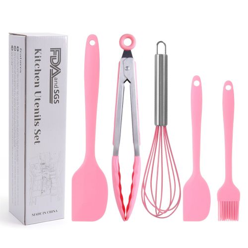 Silicone Cook Utensils;  5 Piece Kitchen Cooking Set;  Includes Large Spatula;  Small Spatula;  Grease Brush;  Food Clamp;  Whisk